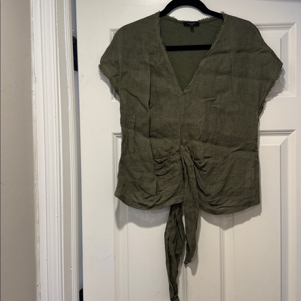 Massimo Dutti green khaki Tie Front Blouse - Picture 2 of 4